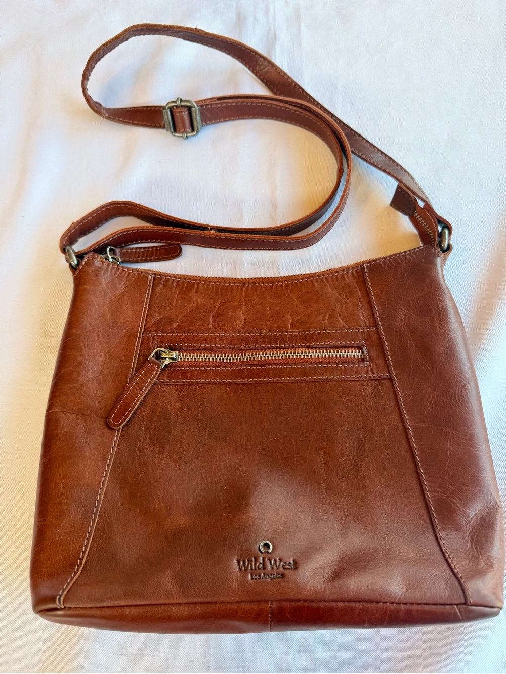 Wild West Los Angeles Cognac Leather Crossbody Purse Plaid Interior